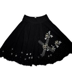 French Kiss Black Embellished Cotton Skirt S Rhinestone Floral Beaded Full Swing